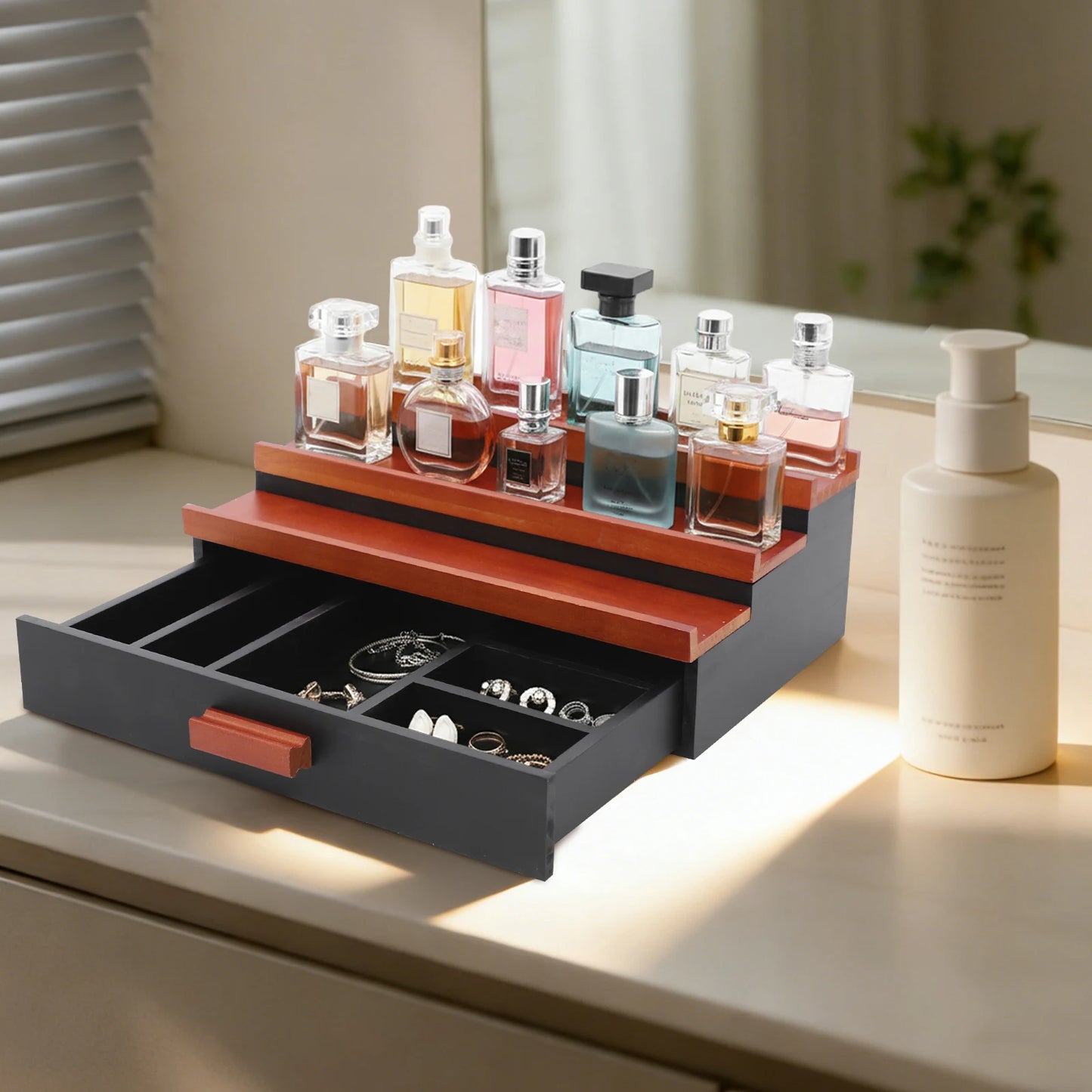 3 Tier Ladder Perfume Organizer, Wood Perfume Storage Rack with Drawer, Compact Display Stand for Cosmetics Perfume Bottles