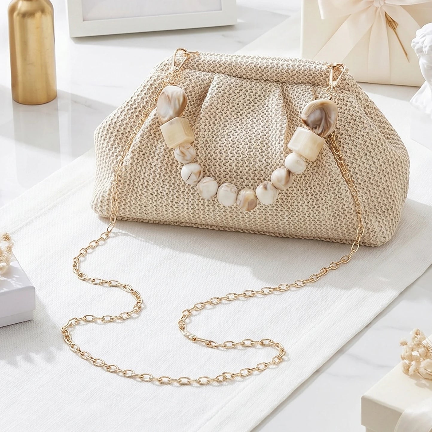 Women Straw Woven Bag With Chain Strap Clutch Purse
