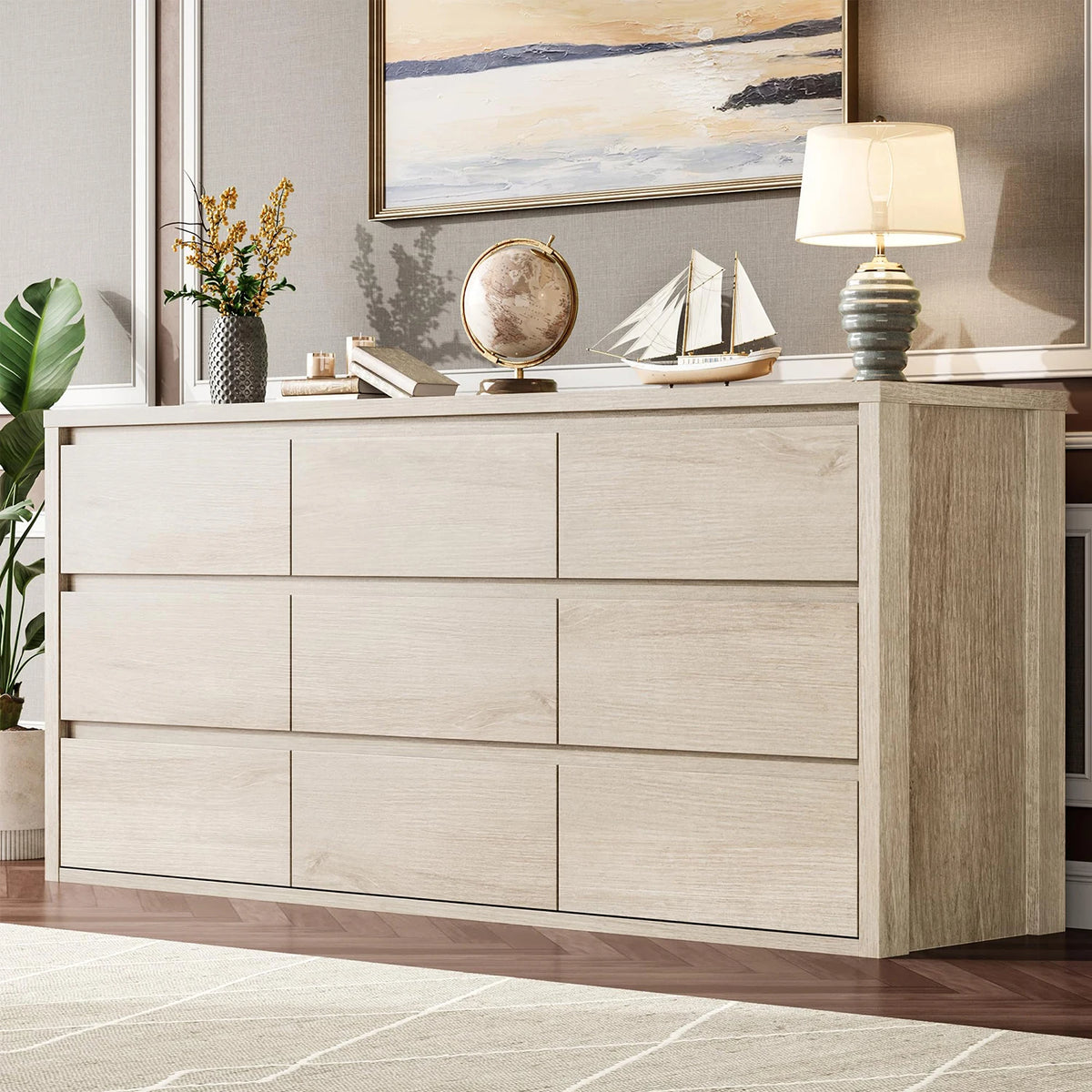 9 Drawer Dresser For Bedroom, Modern Handleless Wood Chest Of Drawers, Large Storage Cabinet For Living Room, Hallway and Entryway