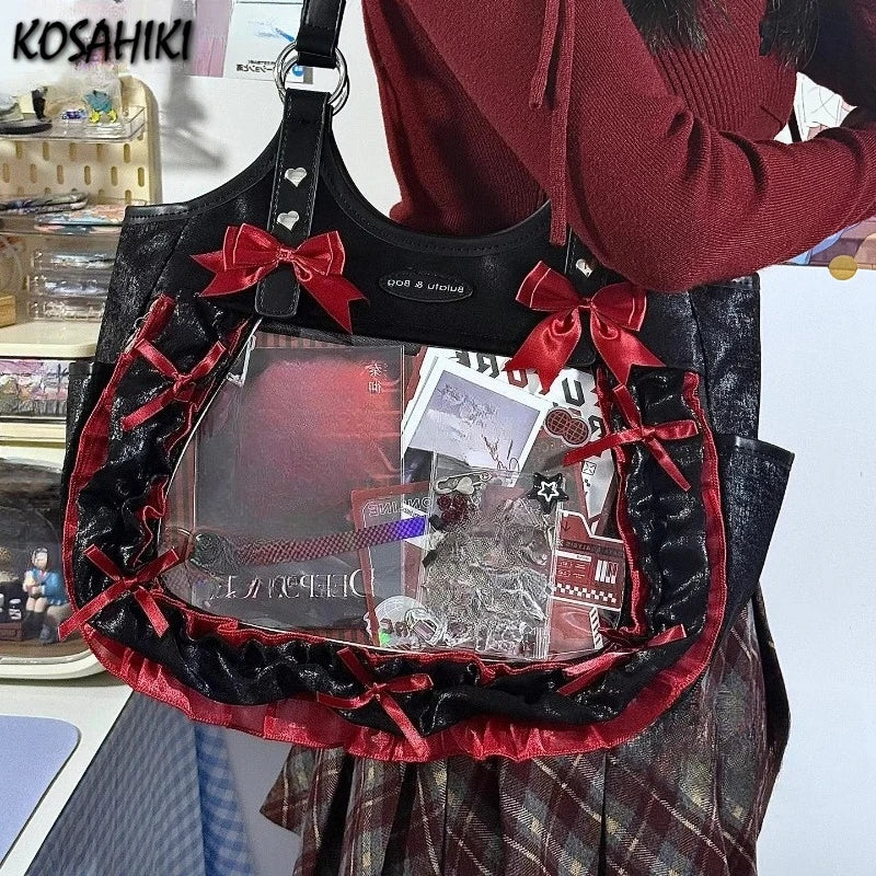 Luxury Design Ruffled Lolita Women Handbags Punk Gothic Bow Underarm Bag Transparent Sweet Lace Shoulder Ita Bags Y2k Aesthetic