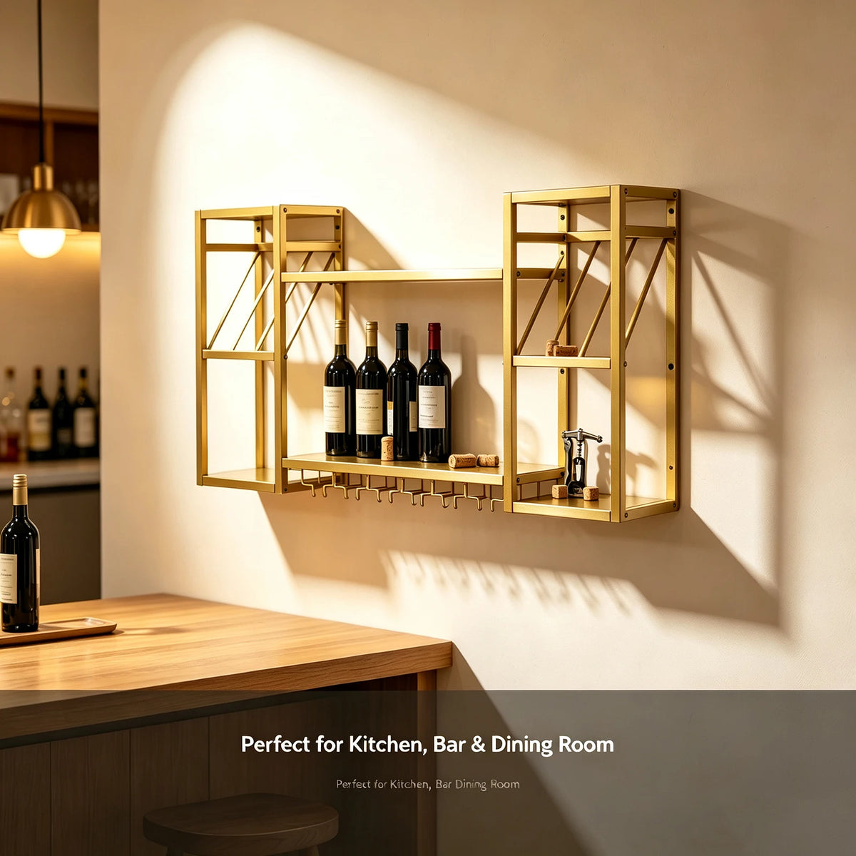 2-Tier Metal Wall-mounted Wine Rack 120*25*60 CM Metal Floating Bar Liquor Bottle Shelves for Kitchen Dining Room Bar Home Display
