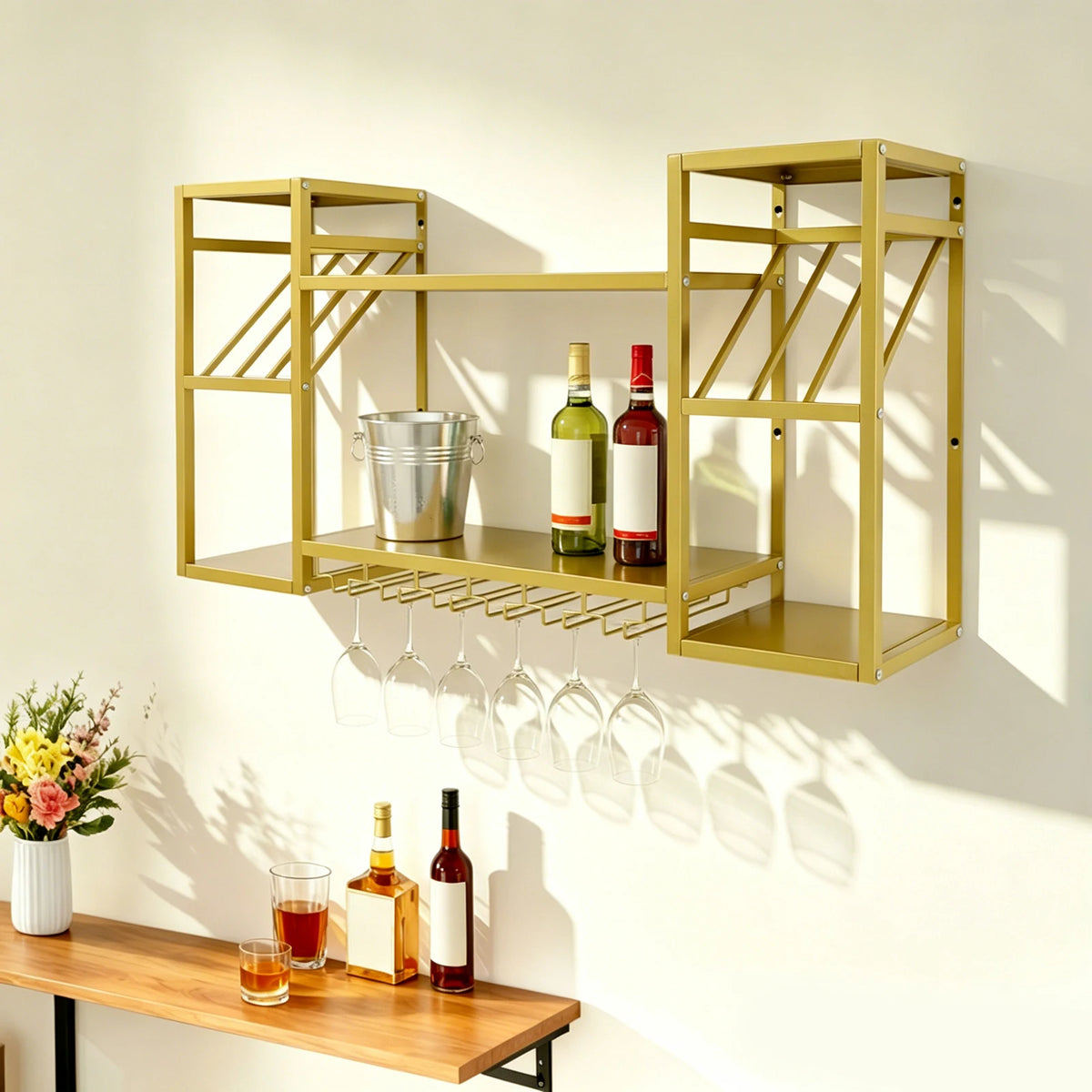 2-Tier Metal Wall-mounted Wine Rack 120*25*60 CM Metal Floating Bar Liquor Bottle Shelves for Kitchen Dining Room Bar Home Display