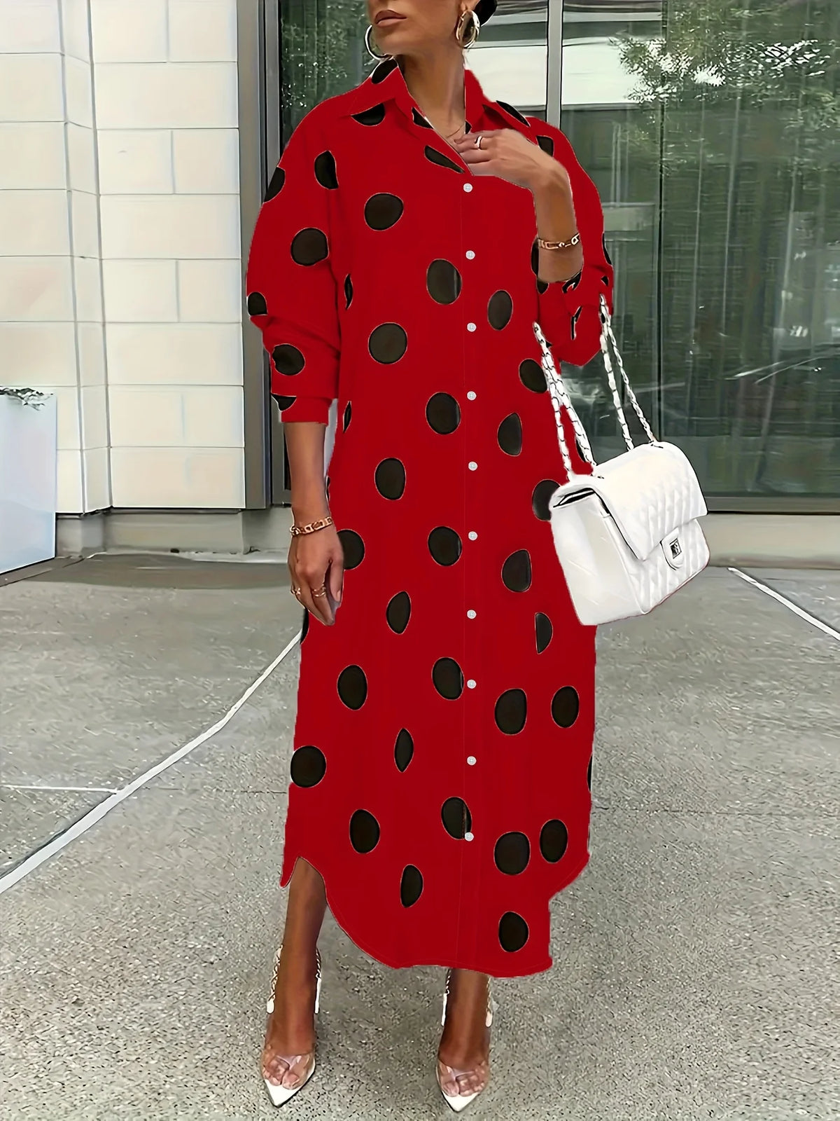 Elegant Plus Size Polka Dot Lapel Shirt Dress