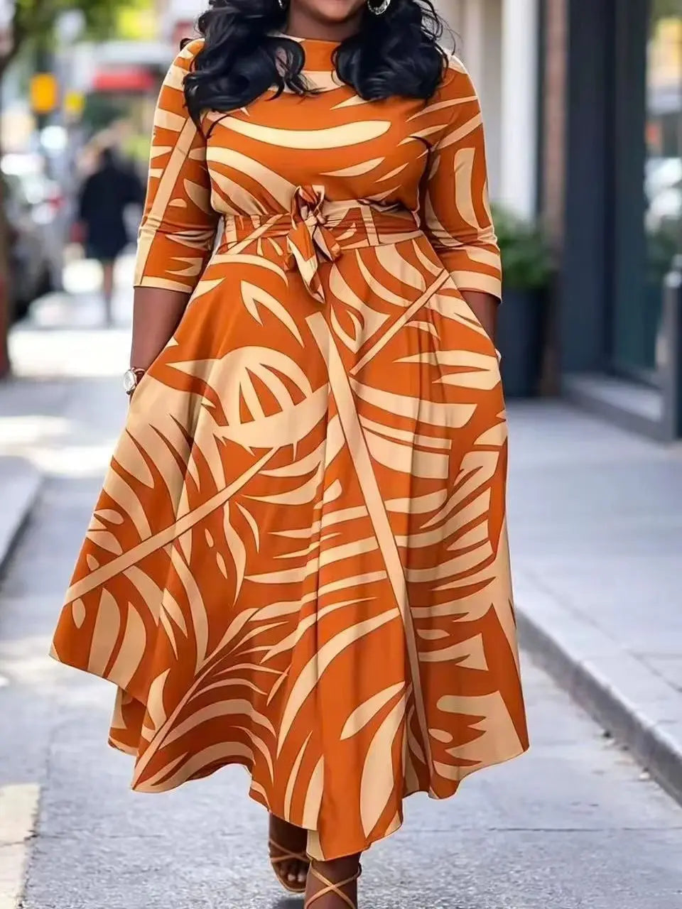 Women's Orange Palm Leaf Print Midi Dress With Pockets