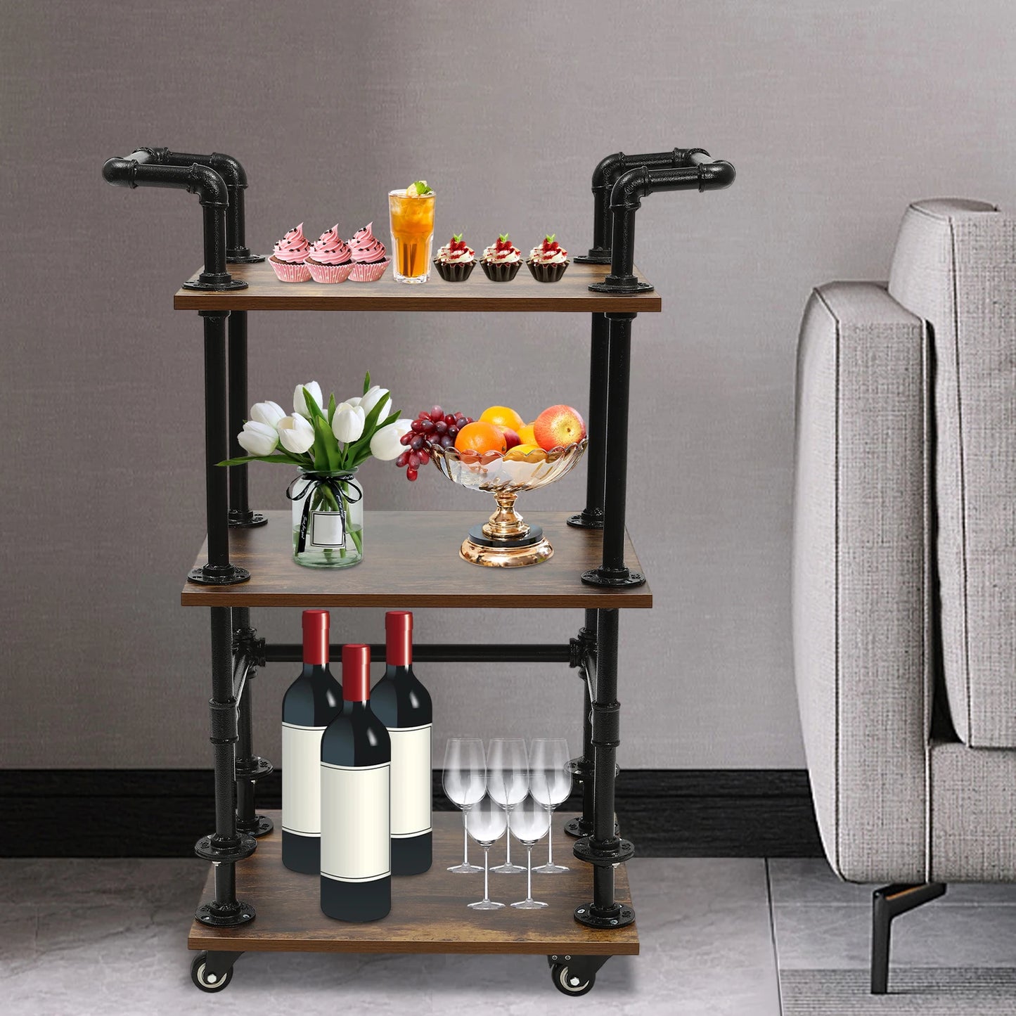 3 Tiers Industrial Bar Carts on Wheels with Storage Kitchen Foldable Storage Rack  Wine Tea Liquor Shelves for Kitchens, Bars, Living Rooms, Bedrooms