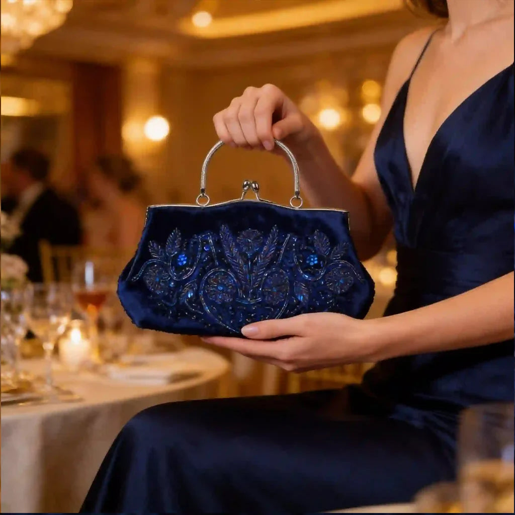 Handmade Beaded Floral Evening Clutch Purse With Kiss Lock