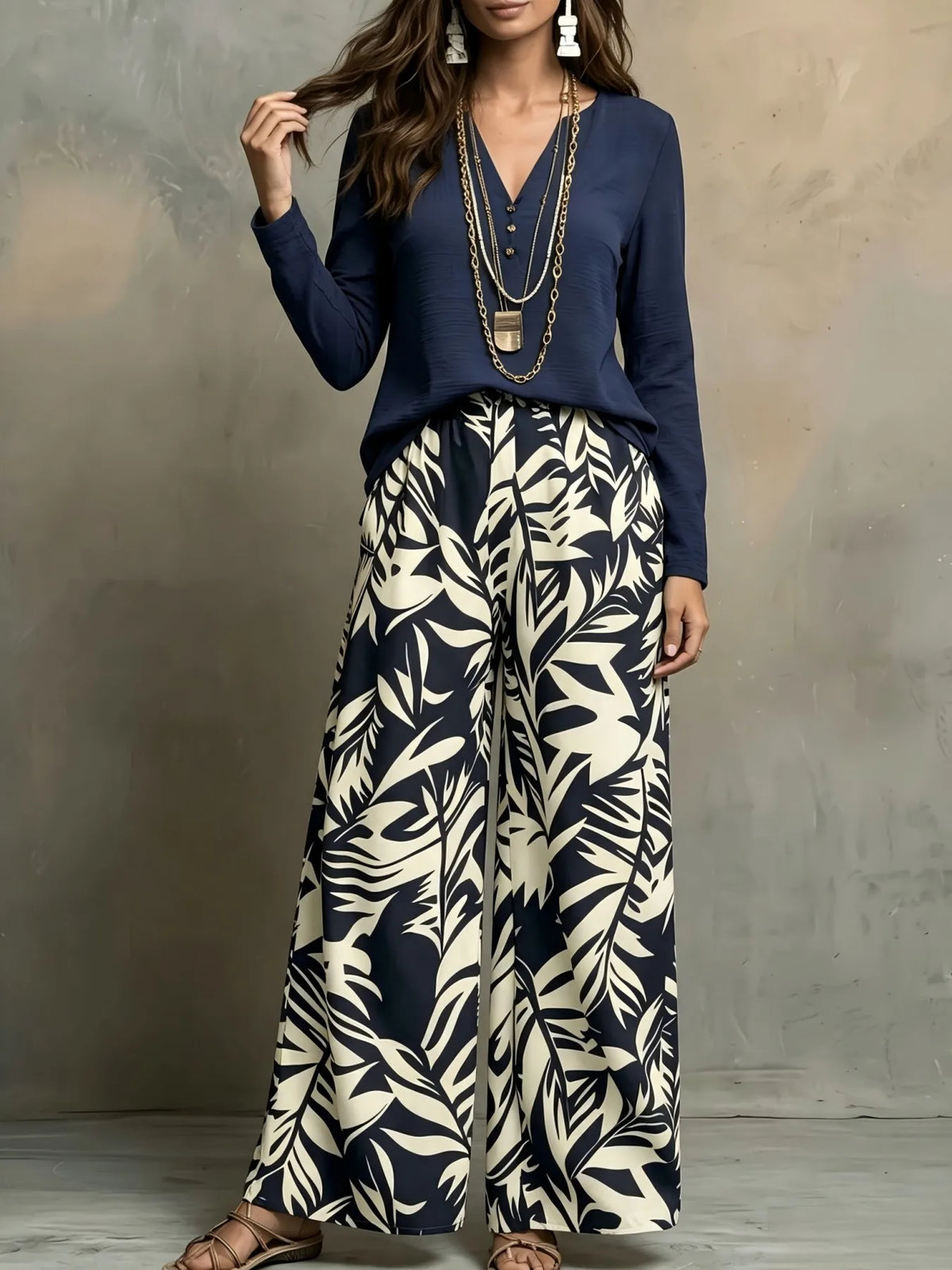 Womens Leaf Print V Neck Blouse Wide Leg Pants Set