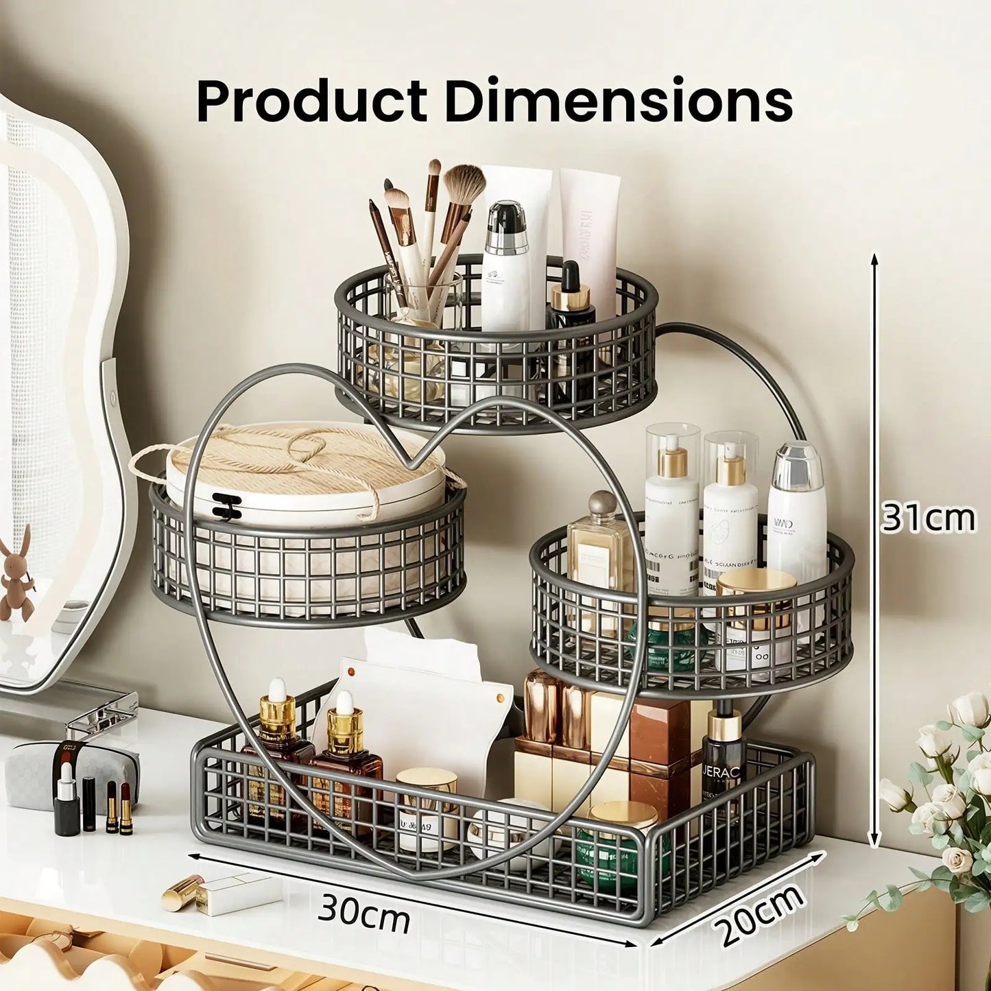 3 Tier Heart Shape Metal Makeup Organizer, Sturdy Vanity Storage Rack for Cosmetics Skincare, Countertop Display Stand for Bathroom Dresser