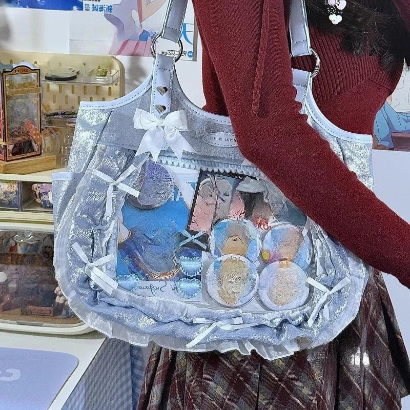 Luxury Design Ruffled Lolita Women Handbags Punk Gothic Bow Underarm Bag Transparent Sweet Lace Shoulder Ita Bags Y2k Aesthetic