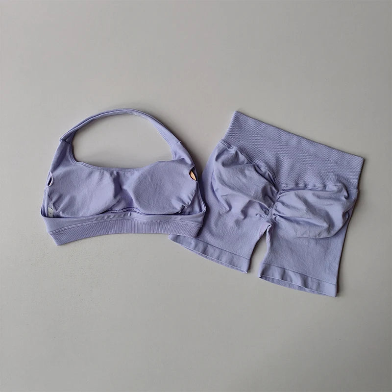 Halter Neck Sports Bra Shorts Set For Yoga Pilates