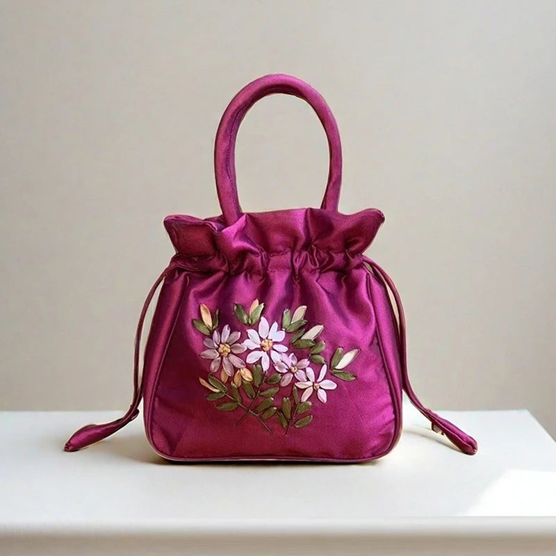 National Style Embroidered Flower Bucket Bag With Drawstring