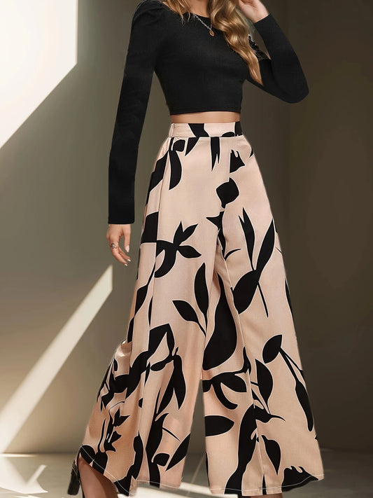 Elegant Women Wide Leg Floral Casual Pants