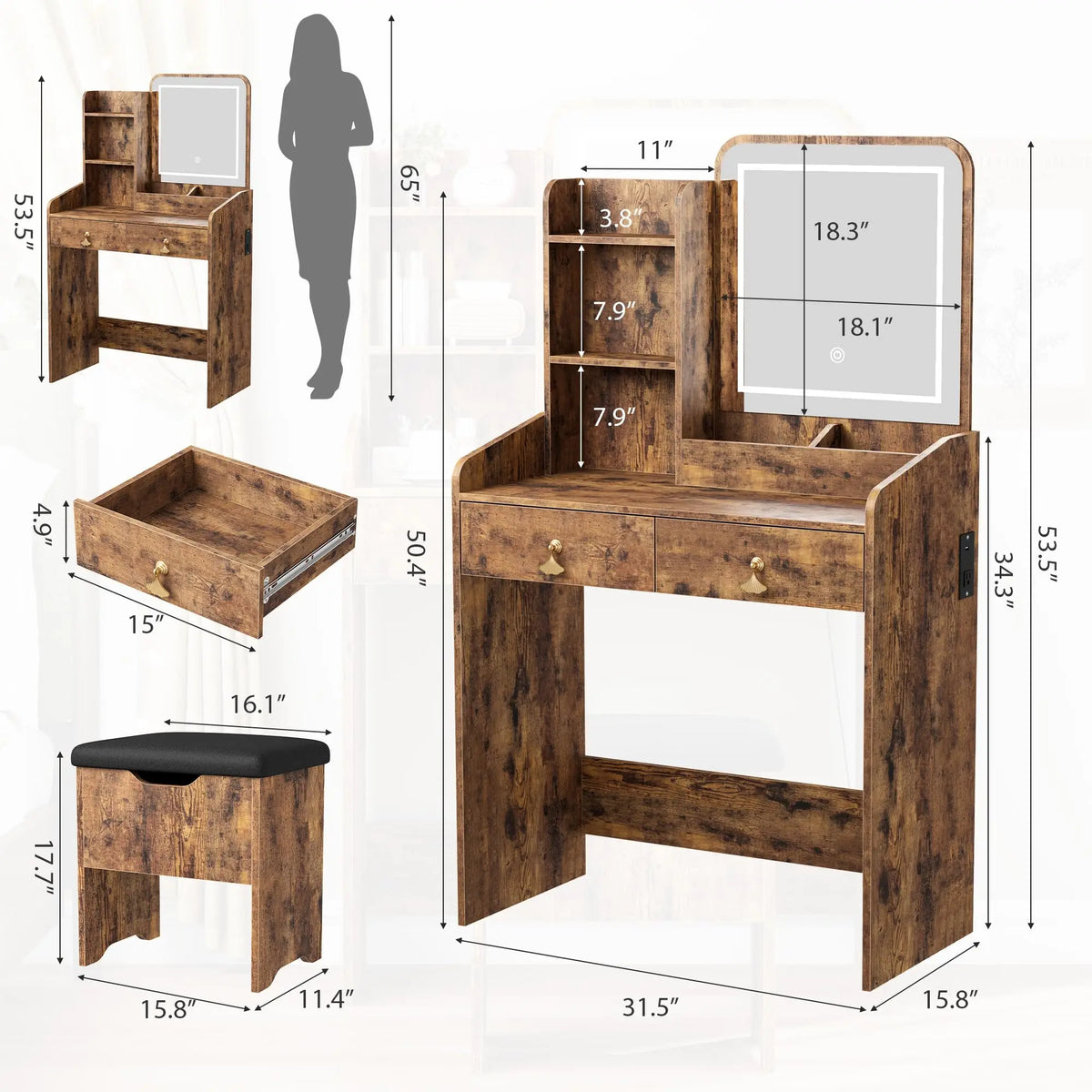 Vanity Desk With LED Lighted Mirror, Charging Station, 2 Drawers, Storage Stool, Mini Makeup Table Set For Bedroom Women & Girls