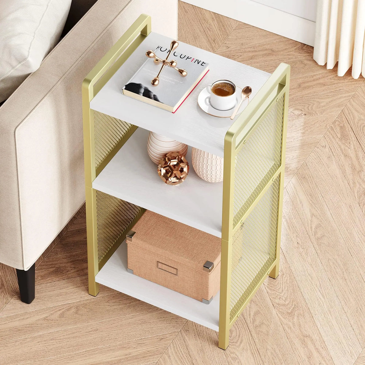 Modern 3-Tier Coffee Table With Storage Shelf, Narrow MDF Side Table With Gold Metal Detail For Living Room, Bedroom, Office, Entryway