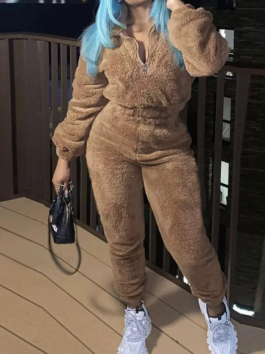 Women's Fleece Two Piece Set With Zipper Top And Pants
