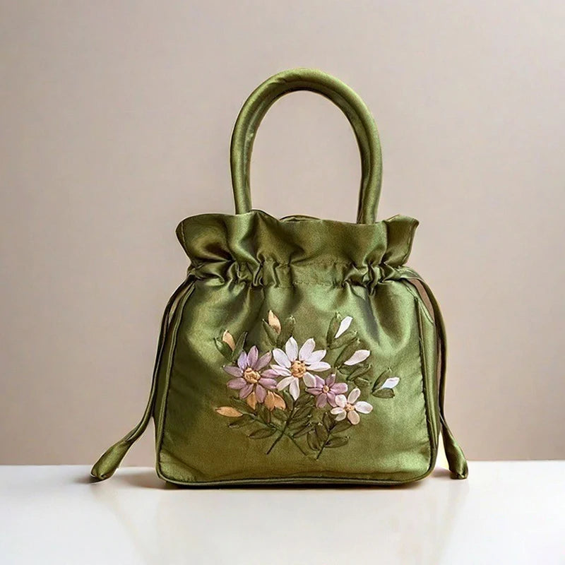 National Style Embroidered Flower Bucket Bag With Drawstring