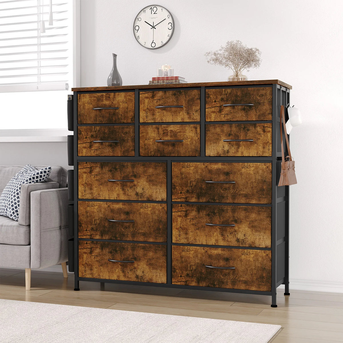 12-Drawer Dresser for Bedroom,Cloth Storage Tower,Fabric Storage Cabinet,Chest of Drawer with Side Pockets,Metal Frame,Wood Top