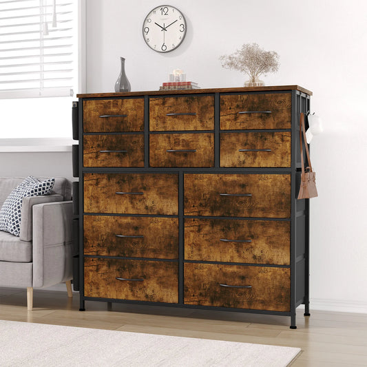 12-Drawer Dresser for Bedroom,Cloth Storage Tower,Fabric Storage Cabinet,Chest of Drawer with Side Pockets,Metal Frame,Wood Top