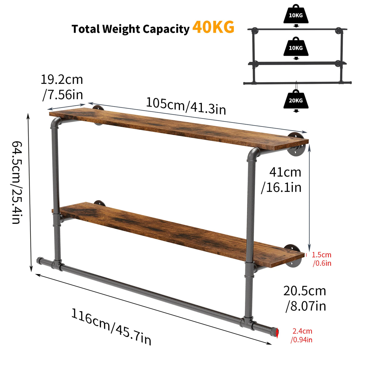 Heavy Duty Pipe Clothing Rack, Wall Mounted Garment Display Rack, 2Tiers Open Shelves, Large Closet