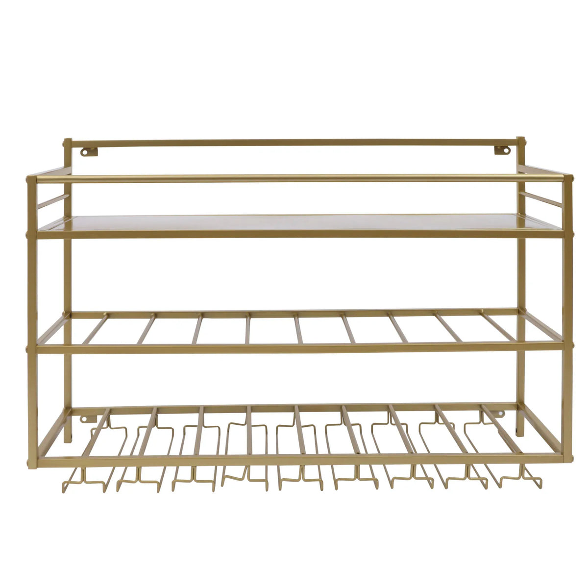 Wine Rack Wall Mounted, 3 Tier Gold Metal Wine Rack 80x25x55cm, 30kg/66lbs Heavy Duty Capacity with Wine Glass Holder, Space Saving Storage for Kitchen Bar Dining Room