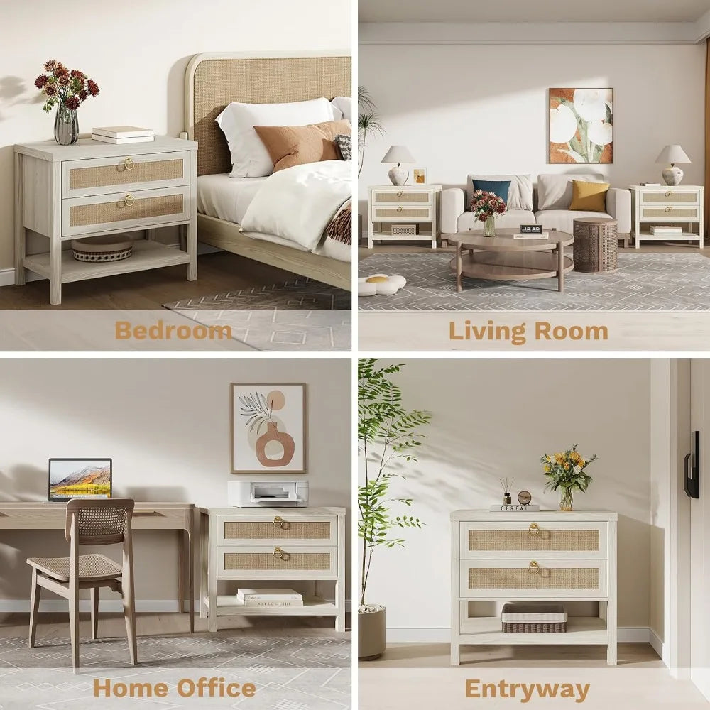 Large White Rattan Nightstands Set of 2, Boho Style with Drawers & Storage Shelf Bedroom Bedside End Table, Custom