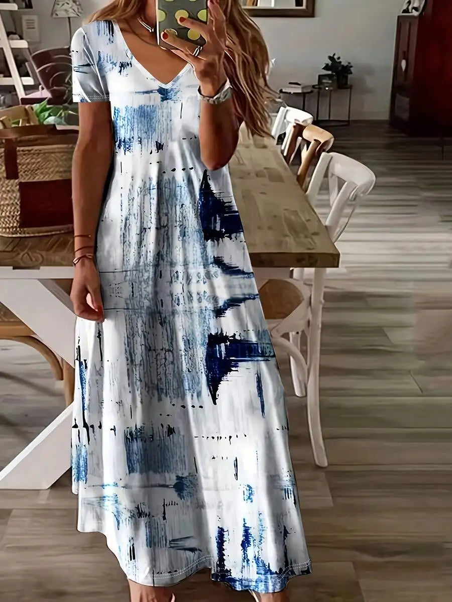 Women Elegant Loose Fit Printed Knit V Neck Casual Dress