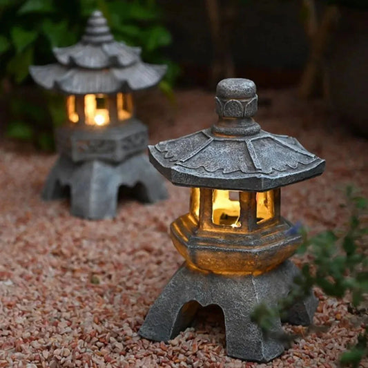 Solar Powered Garden Lamp Pagoda Sculpture Zen Palace Lantern