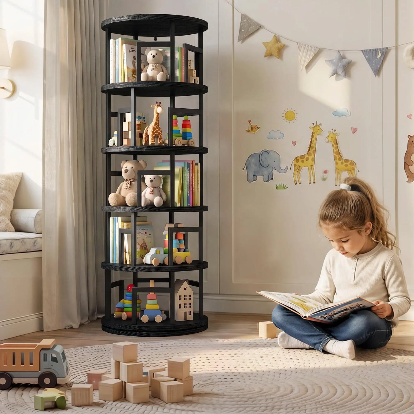 5-Tier Rotating Bookshelf Tower, 360° Spinning Corner Bookcase Holds 100+ Books, 63in Narrow Floor Storage Shelf For Home Office
