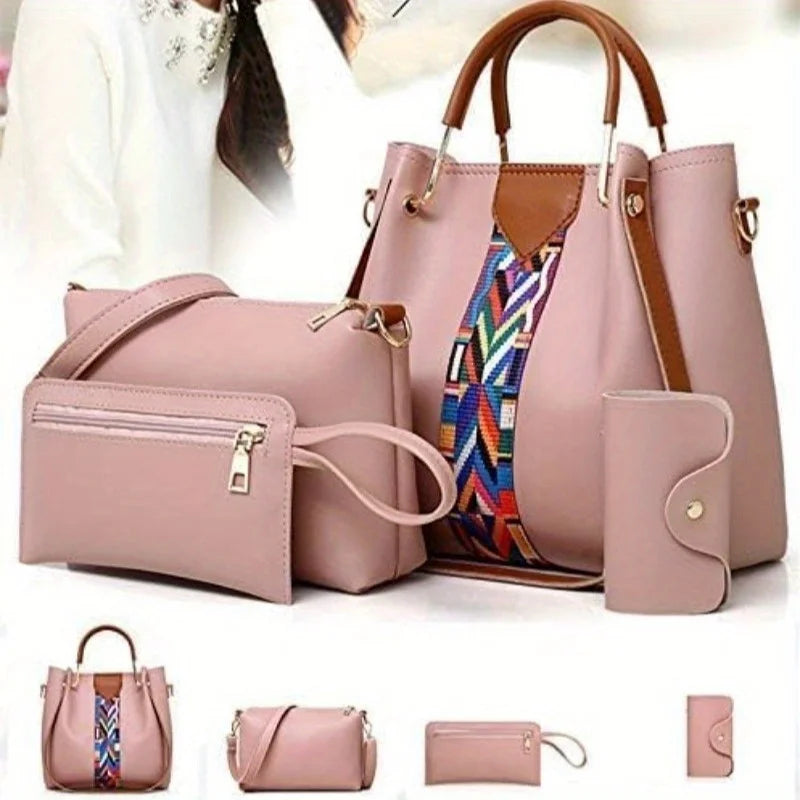 PU Leather 4 Piece Women's Handbag Set Tote Crossbody Clutch