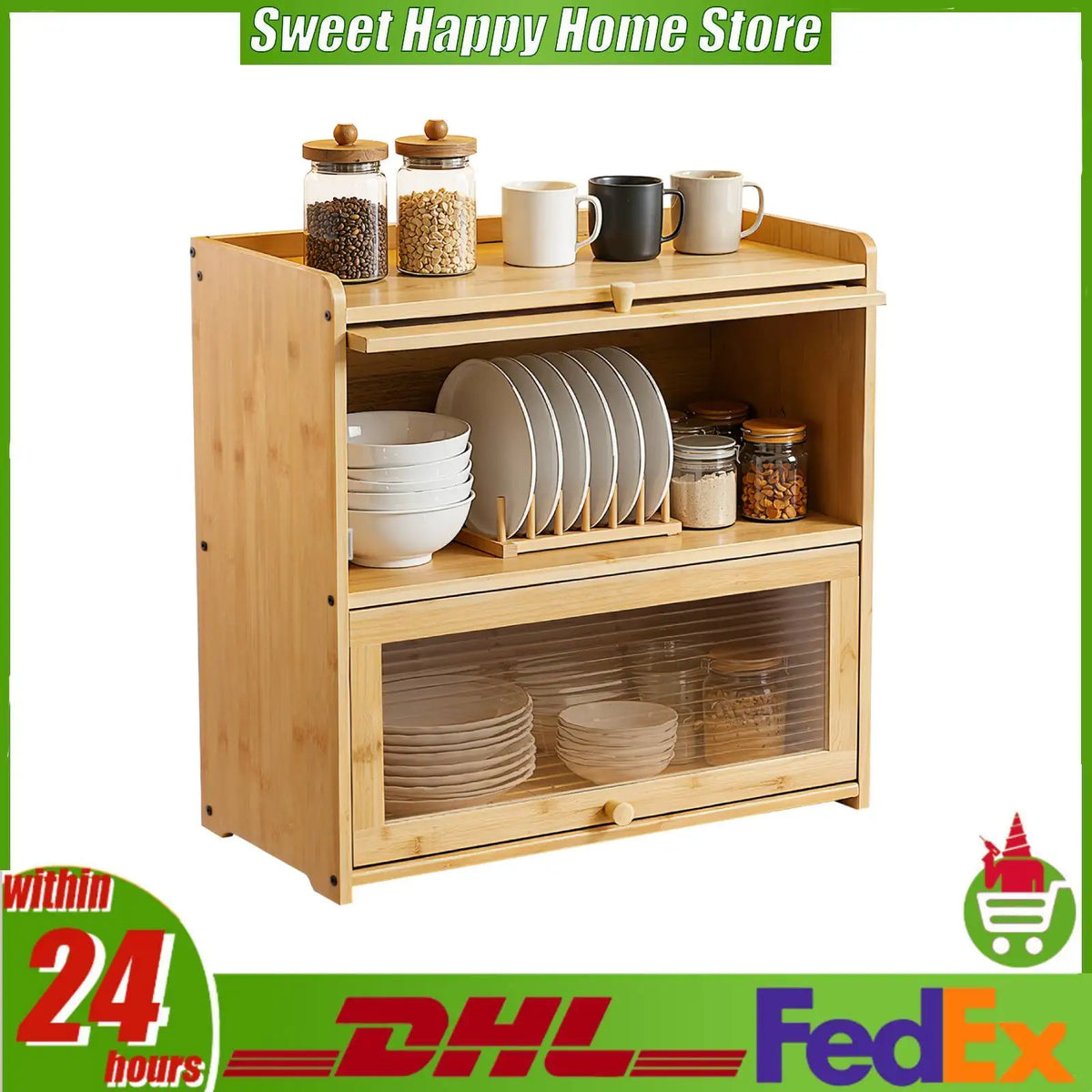 Storage Cabinet Bamboo 2 Tier Countertop Organizer with Glass Doors for Kitchen Bathroom Bedroom Storage Box