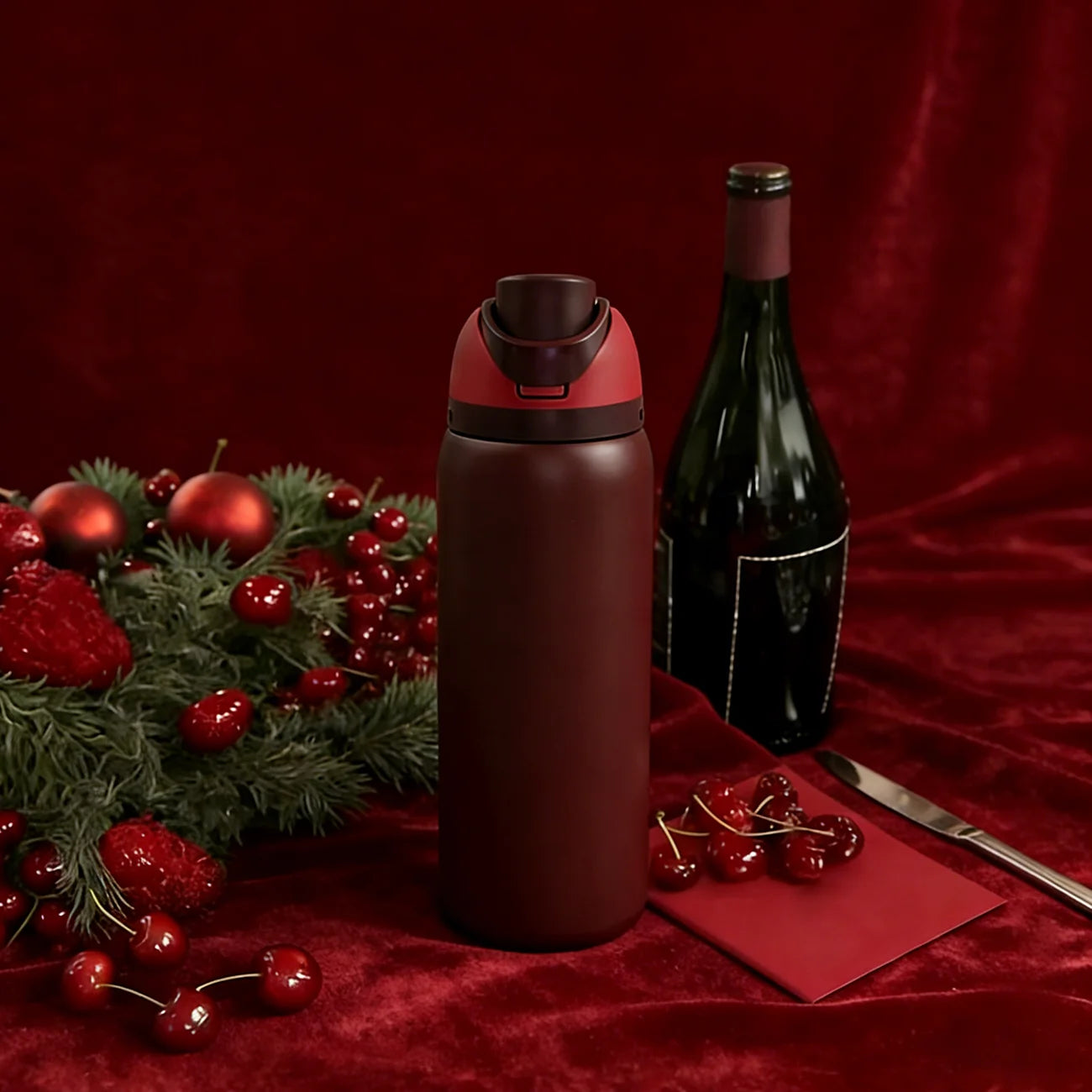 Owalaa black cherry 32oz/945ml stainless steel insulated water bottle with straw,for daily sports outdoor,perfect gift