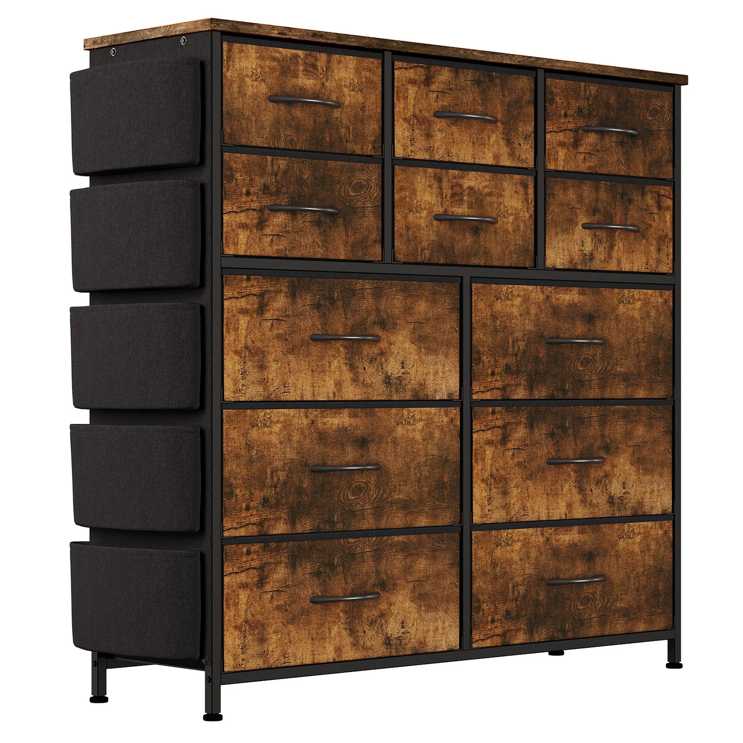 12-Drawer Dresser for Bedroom,Cloth Storage Tower,Fabric Storage Cabinet,Chest of Drawer with Side Pockets,Metal Frame,Wood Top