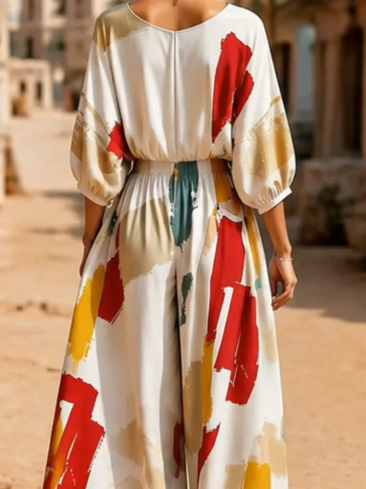 Women's Ethnic Print V Neck Suit With Wide Leg Pants