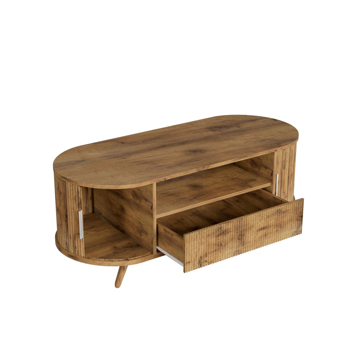 45 Inch Oval Coffee Table With Storage, Mid Century Modern Center Table With Drawer And Sliding Doors, Nature Oak