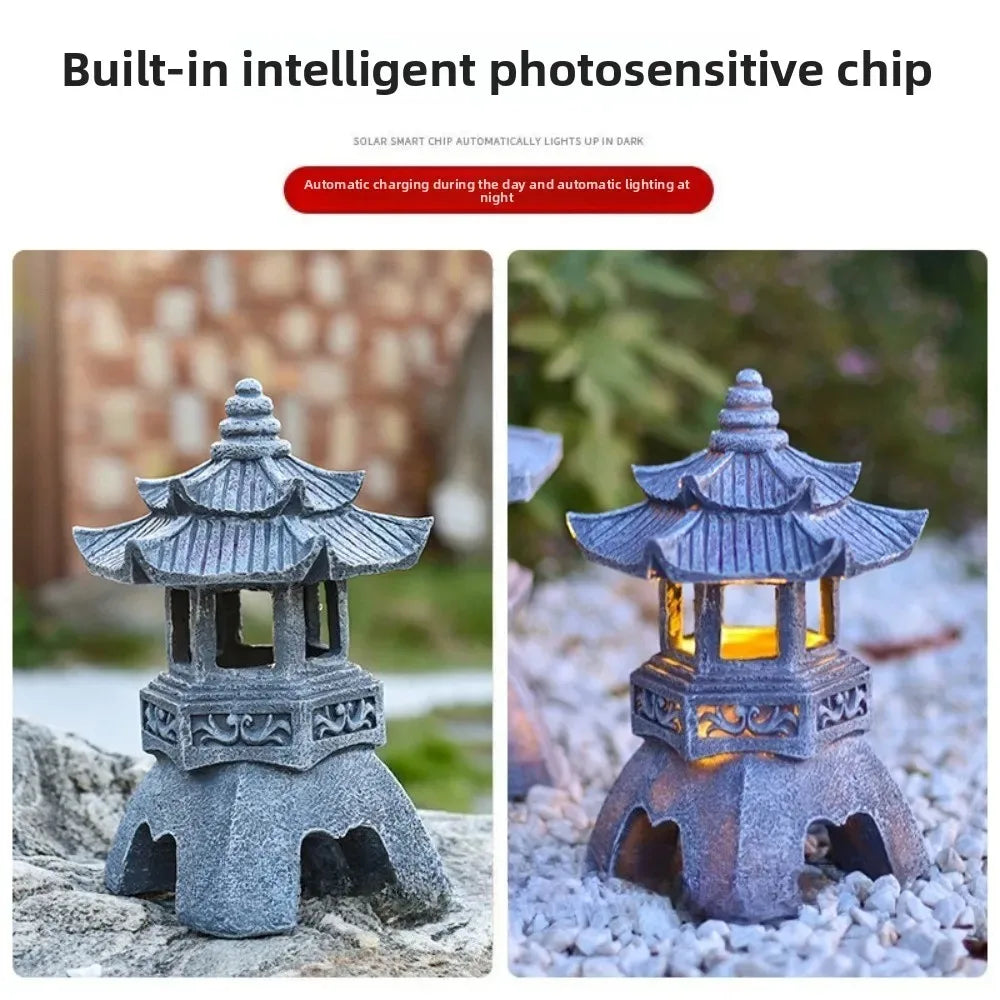 Solar Powered Garden Lamp Pagoda Sculpture Zen Palace Lantern