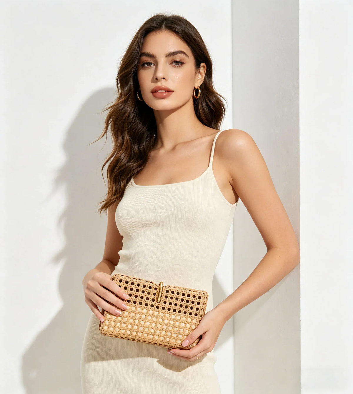 Square Woven Rattan Clutch Bag With Gold Chain Strap