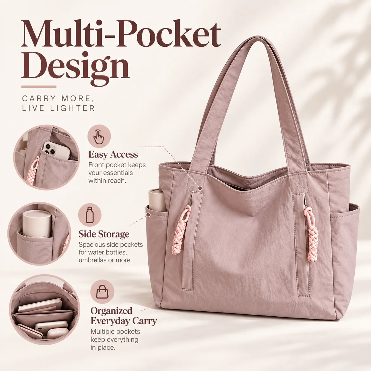 Lightweight Tote Bag for Women, Casual Shoulder Handbag with Multiple Pockets, Adjustable Strap, Zipper Closure & Tassel Detail, Spacious Everyday Purse for Work, Shopping, Commuting, Travel & Daily Outings