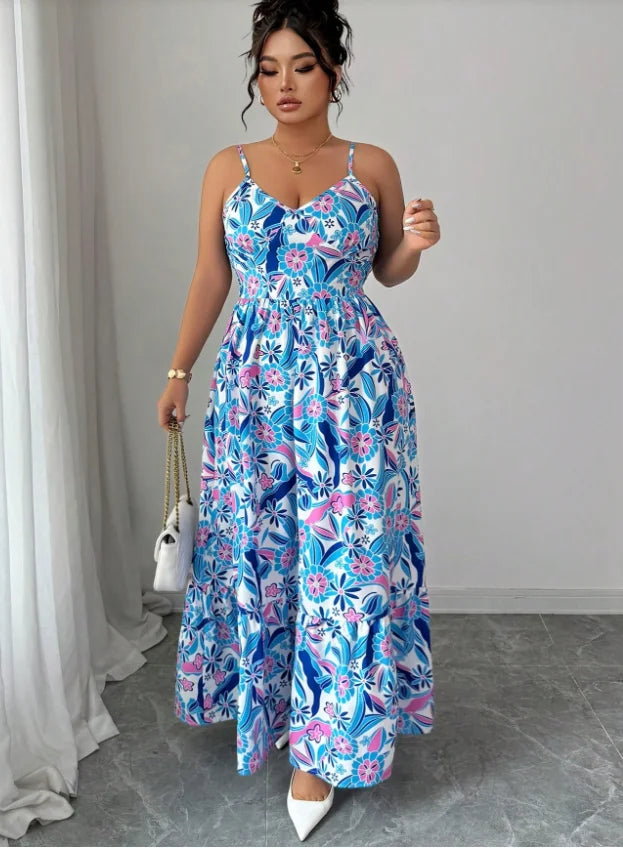 Plus Size Blue White Floral Camisole Dress By None
