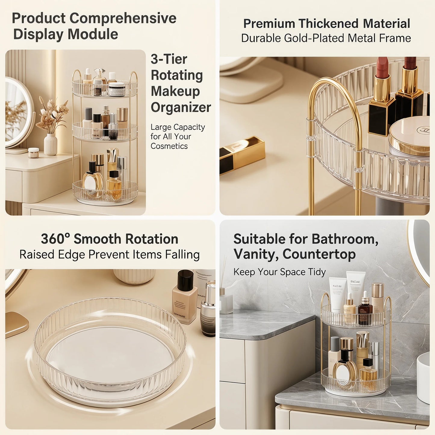 360 Rotating Makeup Organizer,3-2 Tier Large Capacity Make Up Organizers and Storage,Skincare Perfume Vanity Organizers,Bathroom Cosmetics Storage Organizer Countertop(Clear)
