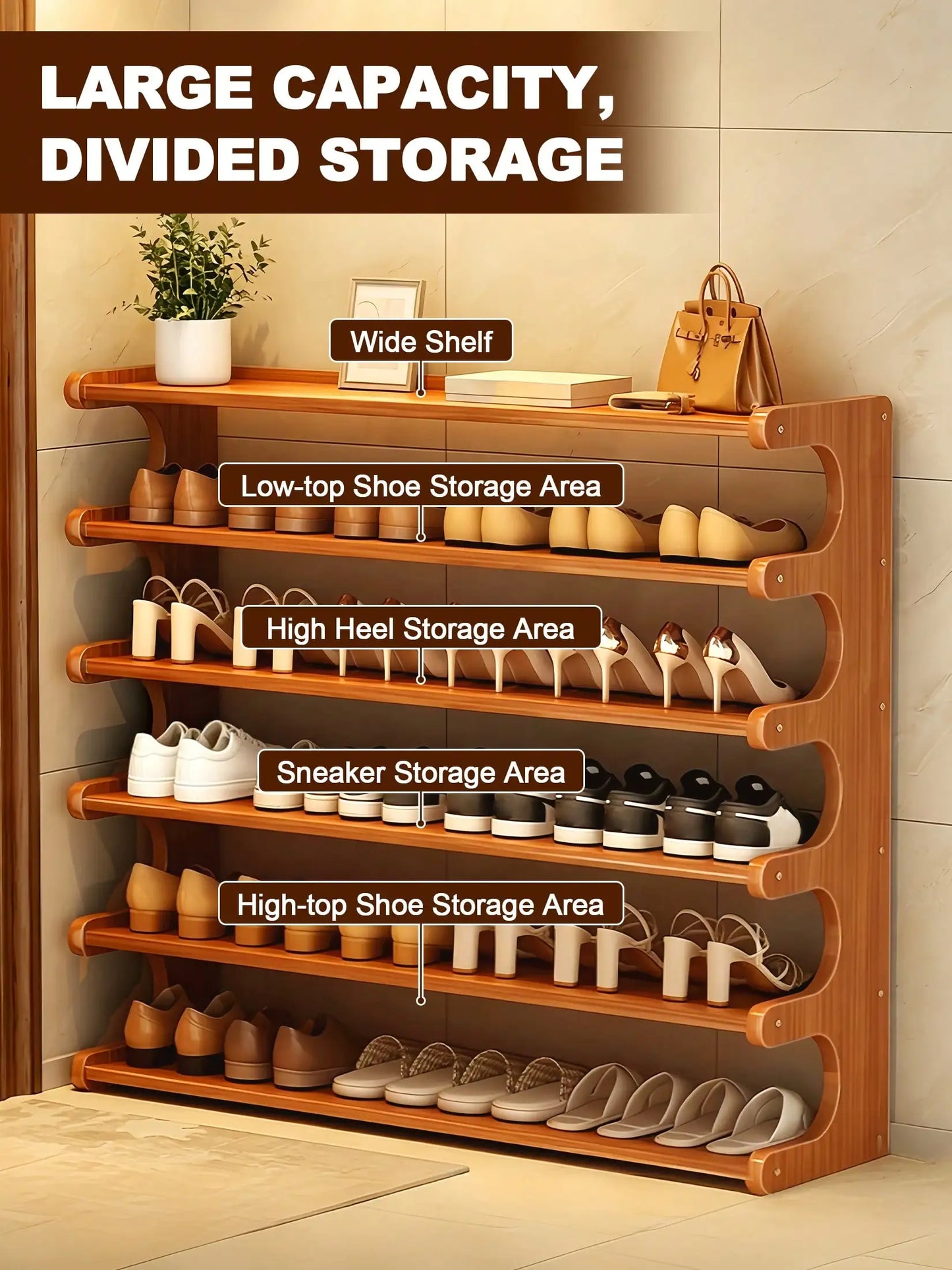 6-Tier Bamboo Shoe Rack for Closet, Freestanding Shoe Organizer Shelf with Elegant Arc Design, Space Saving Entryway Storage Rack, Natural Brown