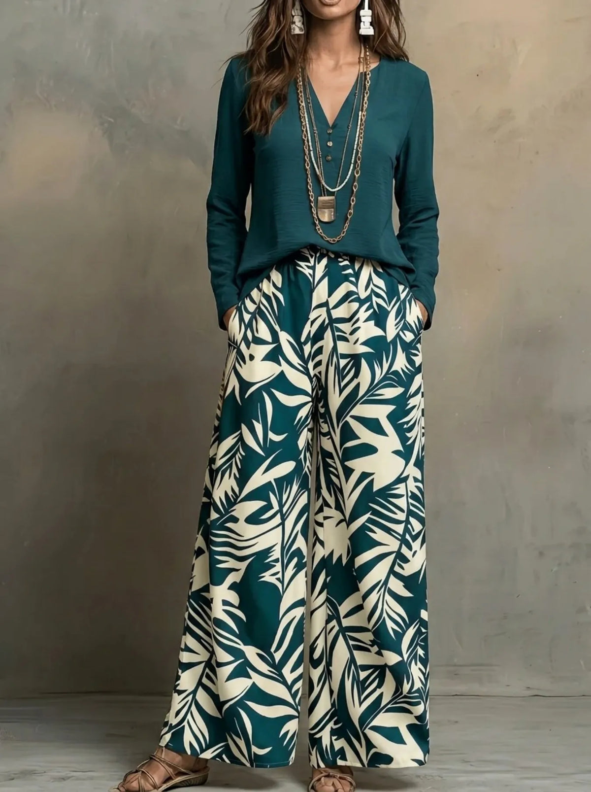 Womens Leaf Print V Neck Blouse Wide Leg Pants Set