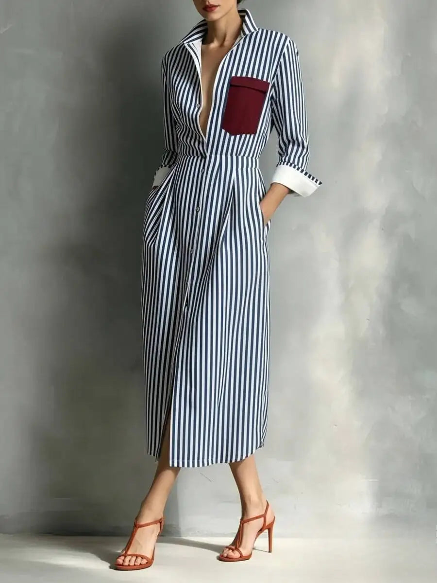 XTOCEAN Women's Striped Collared Button Front Midi Dress – Cuffed Long Sleeve Shirt Dress With Contrast Pocket For Office