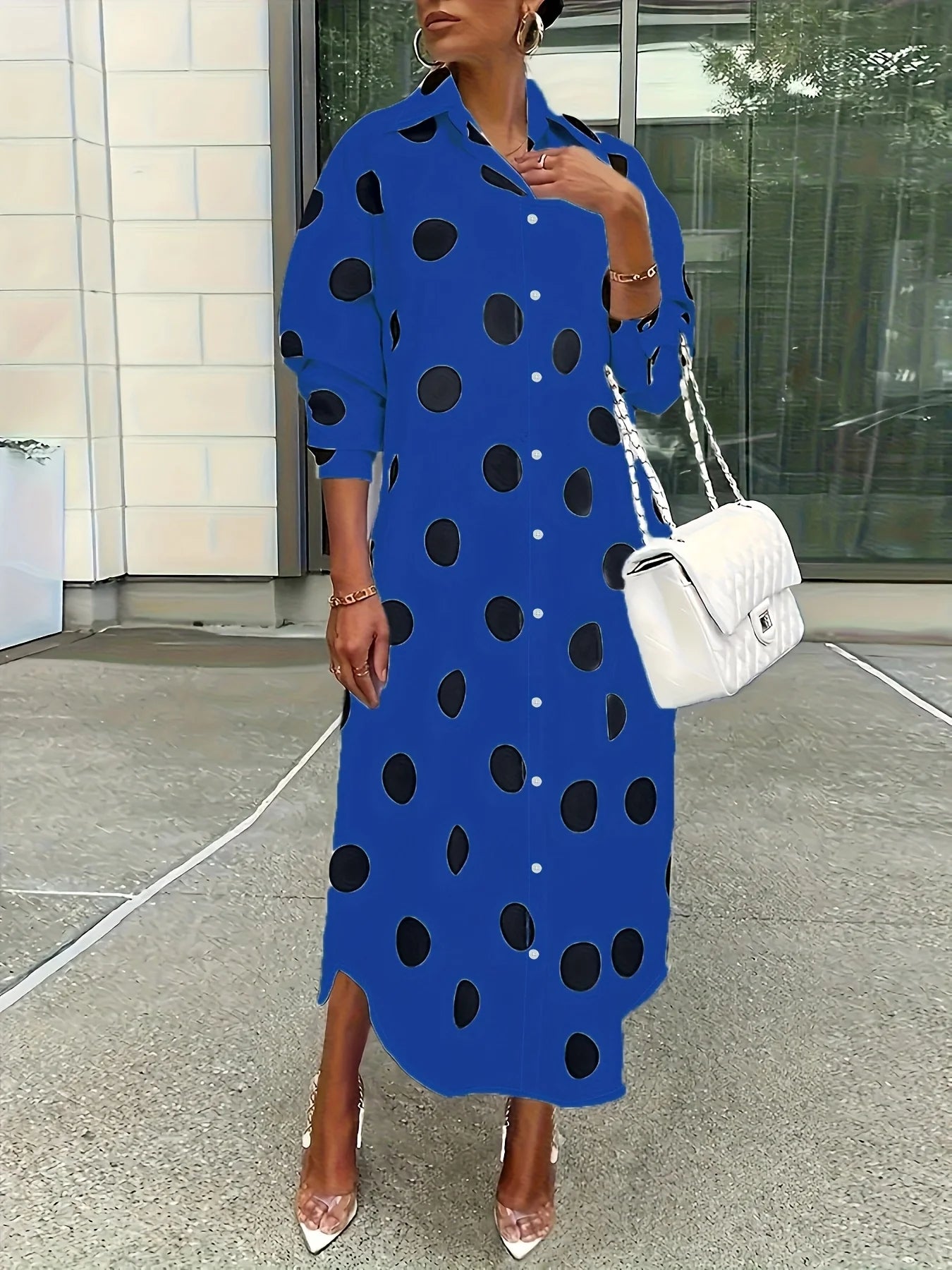 Elegant Plus Size Polka Dot Lapel Shirt Dress