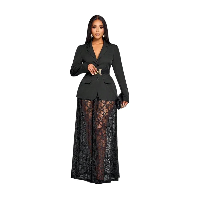 Women Lapel Long Sleeve Blazer With Maxi Skirt Two Piece Suit