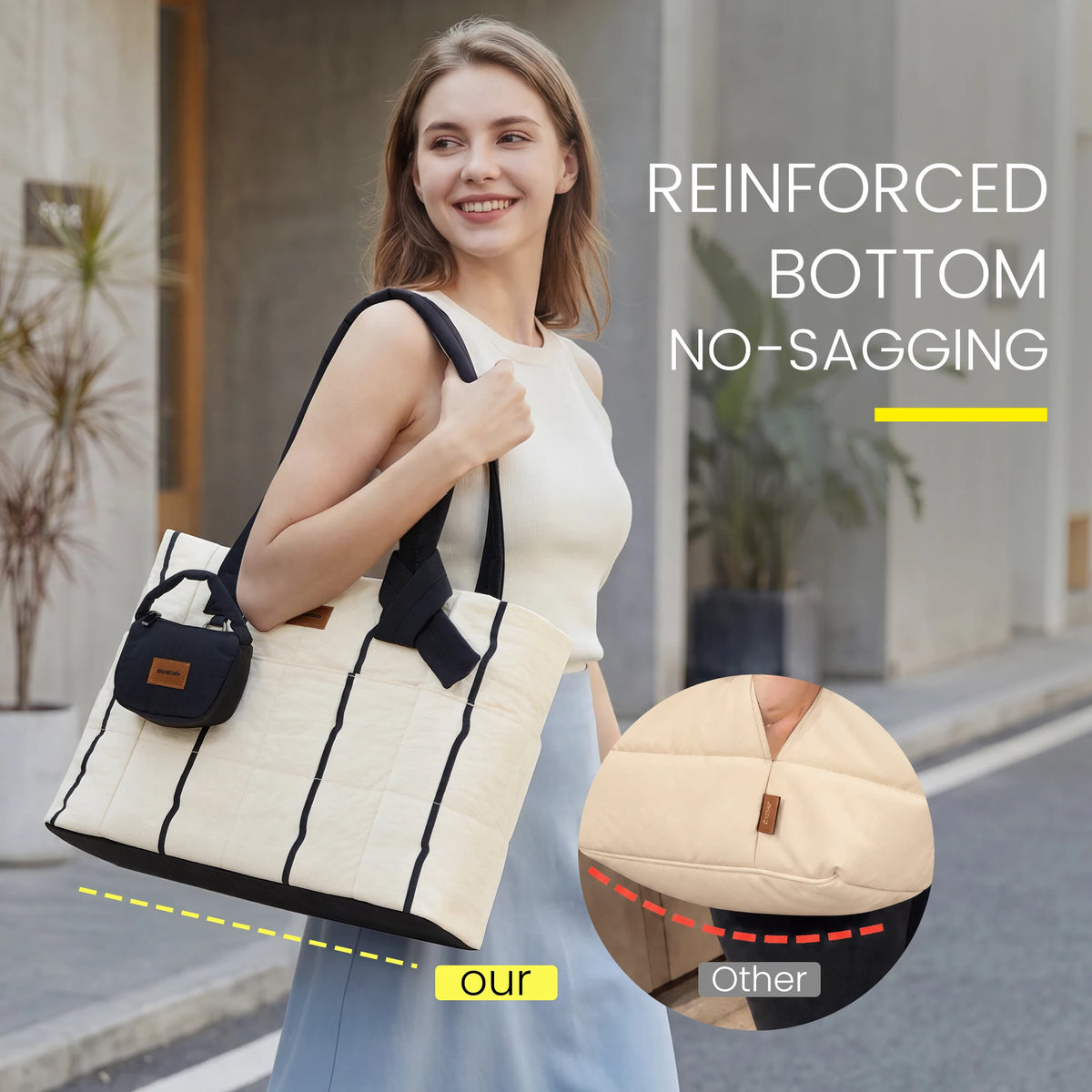 SHOWKOO Puffer Tote Bag for Women, Lightweight Quilted Tote Handbag with Mini Pouch, Nurse Bag for Travel College & Daily Use