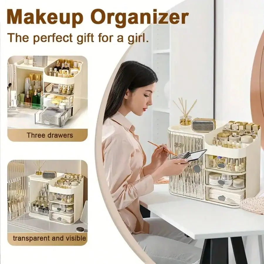 Makeup Organizer with Mirror & Drawers, Large Capacity Cosmetic Storage Box, Semi-Open Vanity Case for Skincare, Bathroom Dressing Table, Office Desk