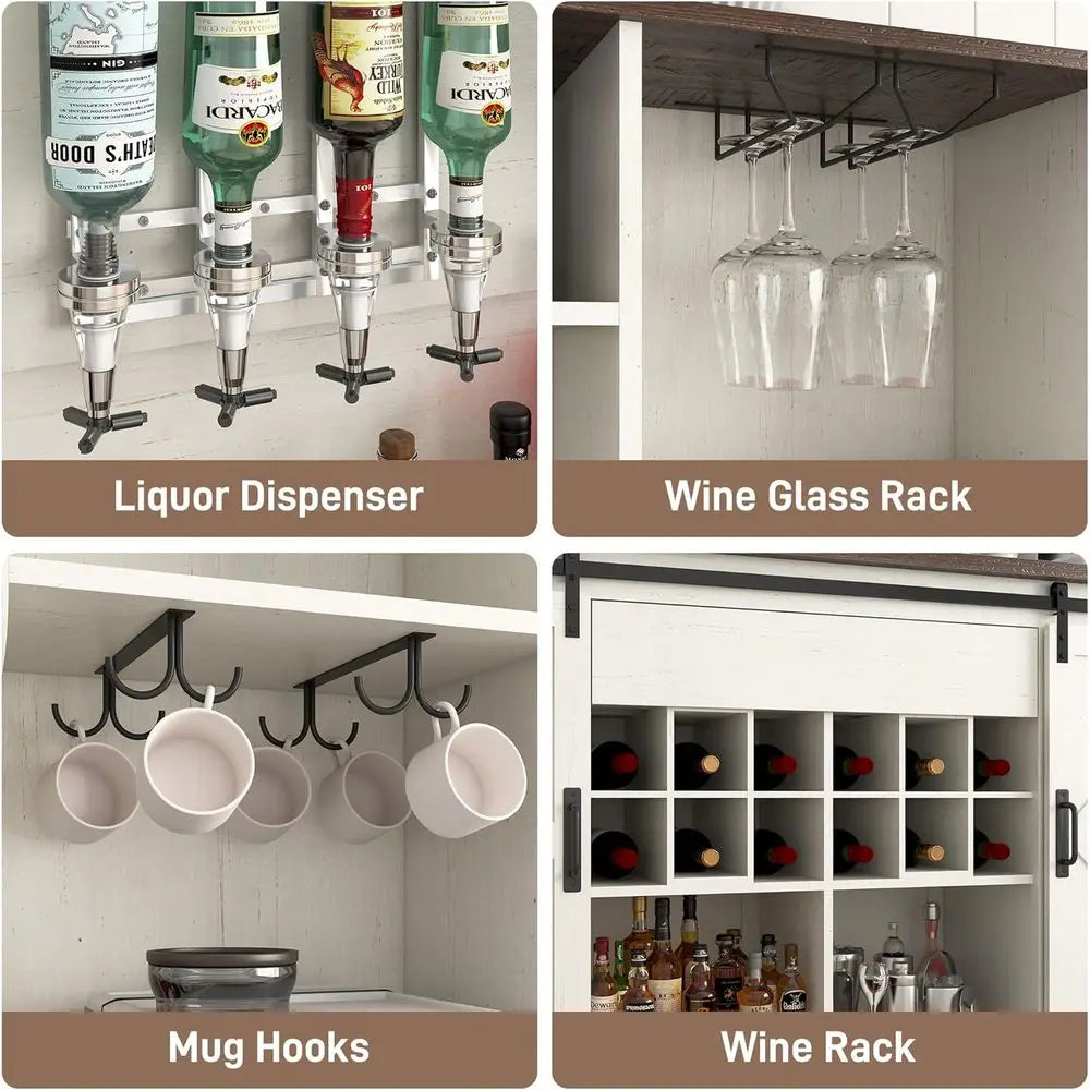 armhouse Coee Bar Cabinet with LED Light, Charging Station & Sliding Barn Do- 63"W x 71"H Large Wine Rack, Built-in Liquor Dispe