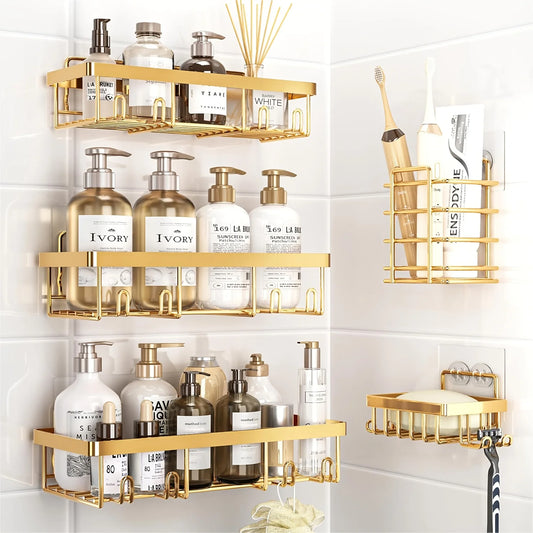 Shower Caddy Adhesive, 5 Pack Rustproof Stainless Steel Shower Shelves with Large Capacity, No Drilling Bathroom Organizers and Storage for Home Decor, Golden