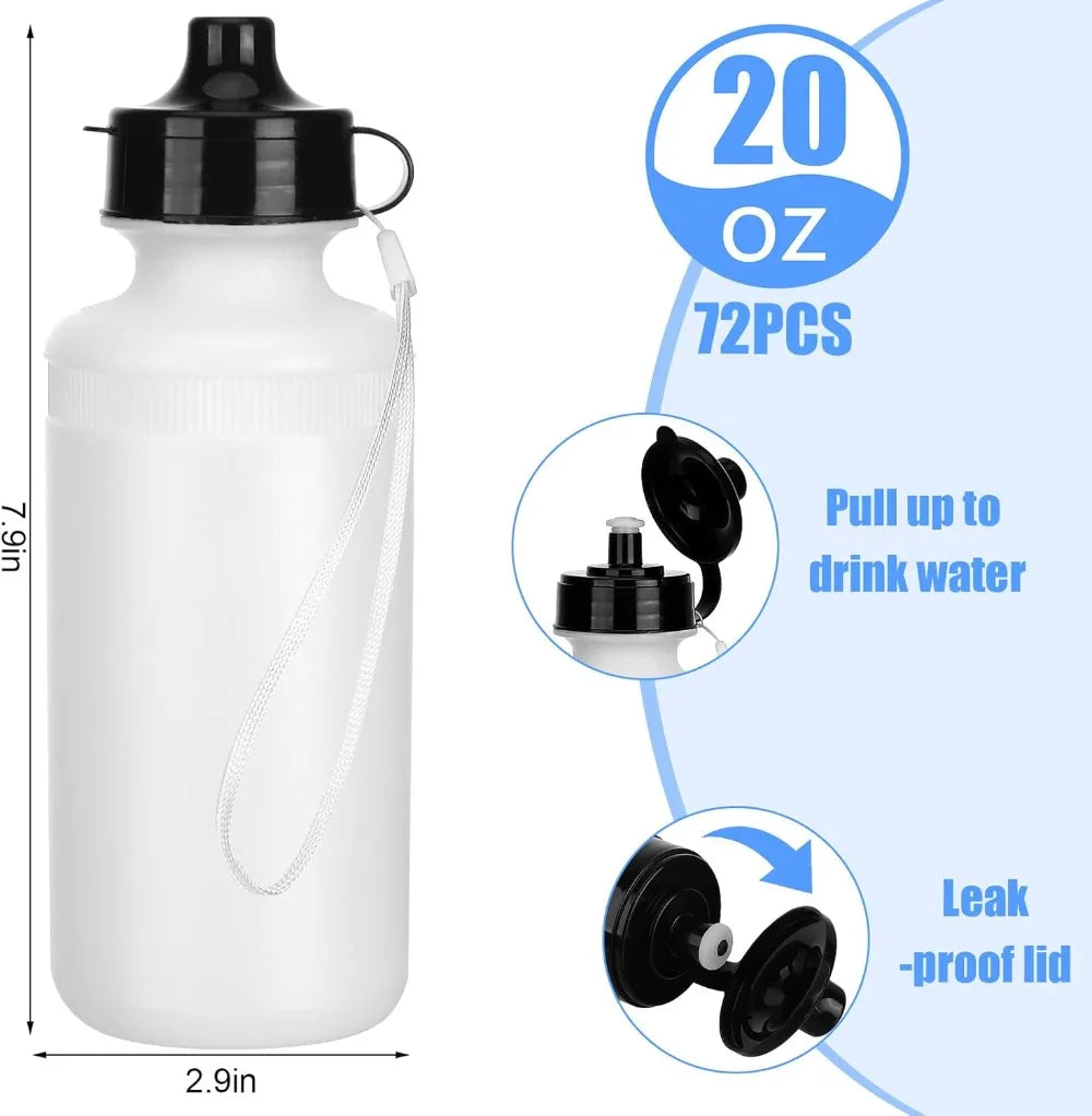 72 Pcs 20 oz Sports Water Bottles Bulk with Lanyards Reusable Plastic DIY for Kids School Camp Travel