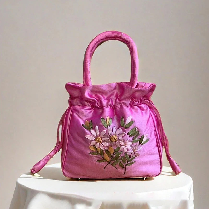 National Style Embroidered Flower Bucket Bag With Drawstring